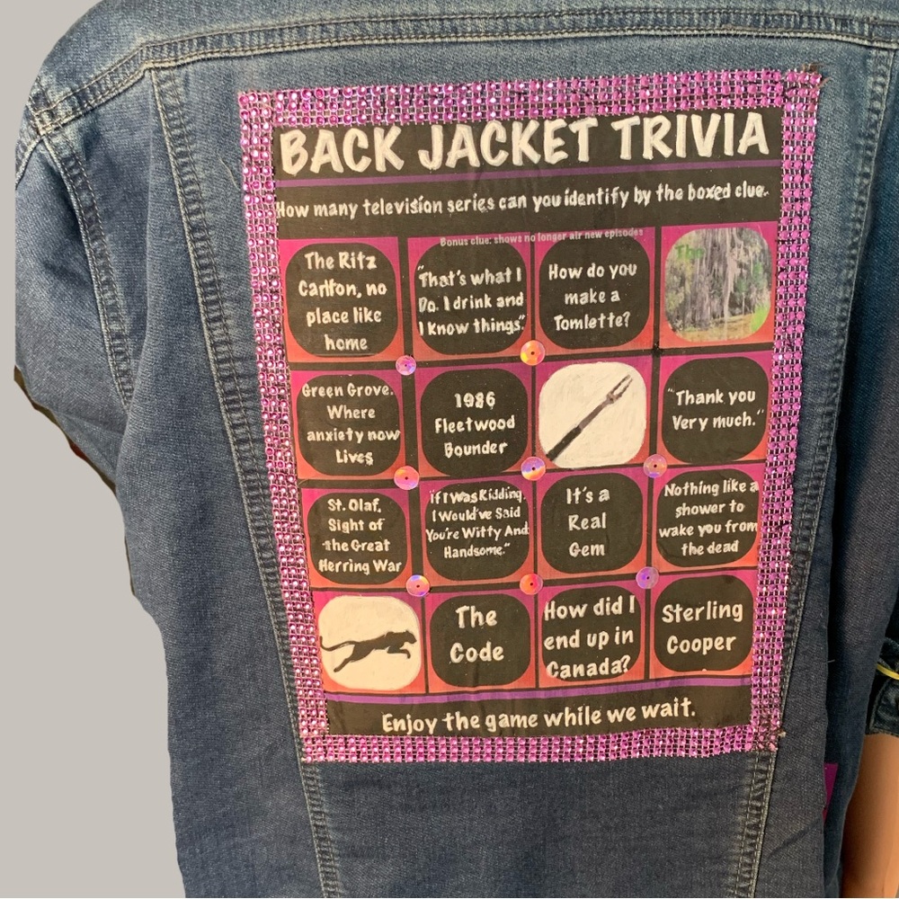 Upcycled Back Jacket Trivia Denim Jacket with Clues to TV Shows on the Back. - Picture 4 of 13